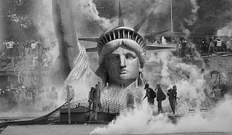 Protesters and Tear Gas Surrounding Statue of Liberty Sculpture