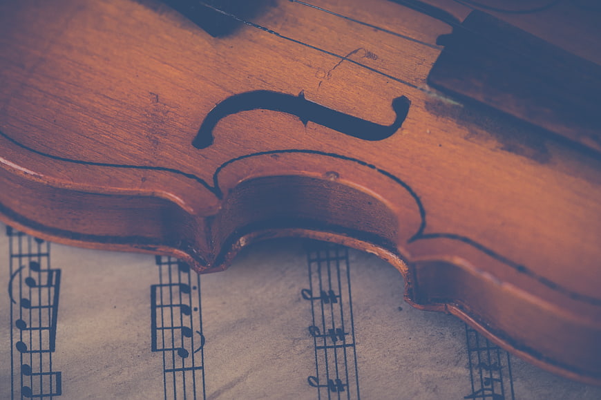 Close-up of vintage violin on sheet music
