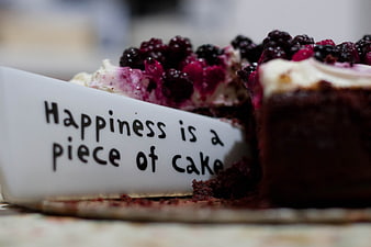 Chocolate cake slice with blueberries and happiness quote