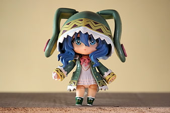 Cute Nendoroid Anime Figurine With Blue Hair And Green Hood