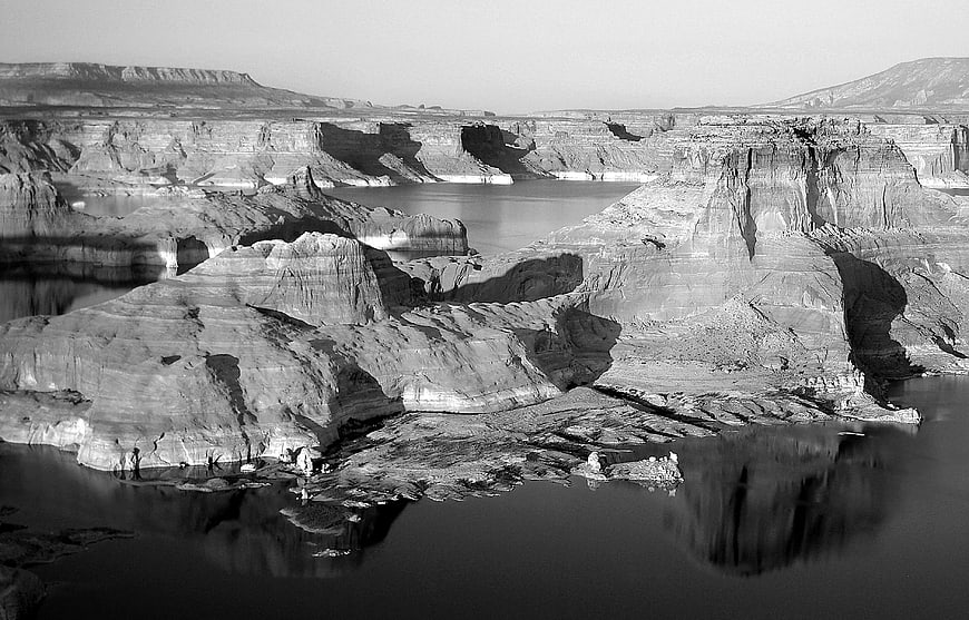 Black and white aerial view of Lake Powell canyon landscape
