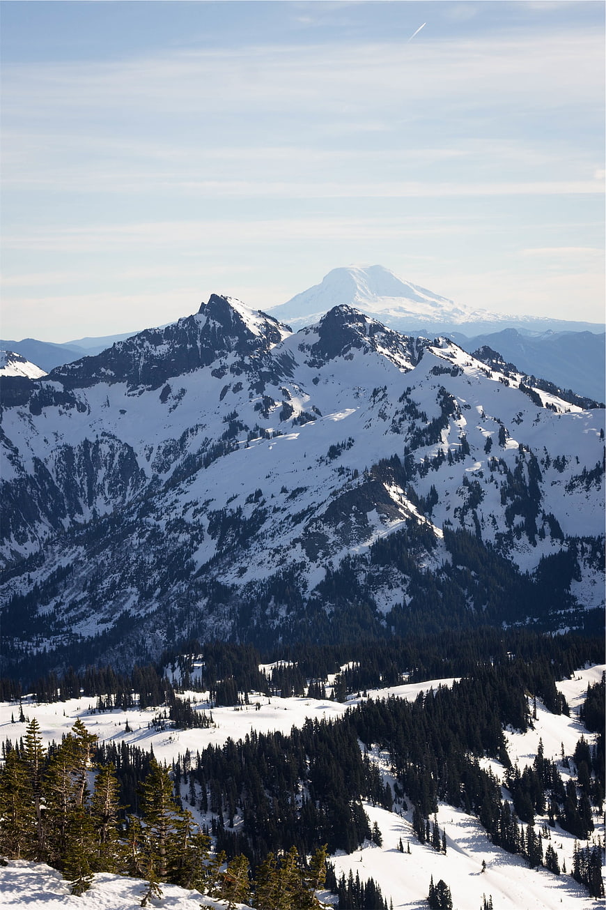 Snowy Mountain Peaks with Distant Volcano and Pine Forest