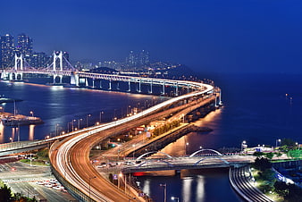 Long exposure night view of Gwangan Bridge in Busan, South Korea