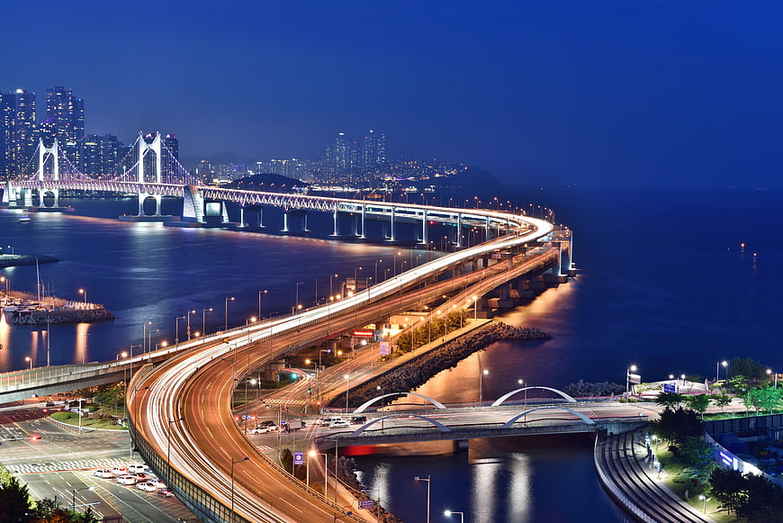 Long exposure night view of Gwangan Bridge in Busan, South Korea