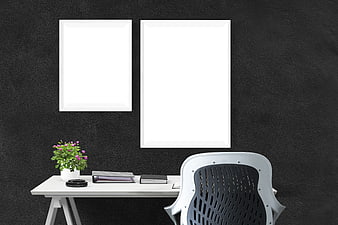 Minimalist Office Interior Mockup With Two White Picture Frames On Dark Wall