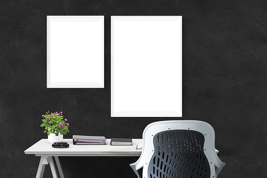 Minimalist Office Interior Mockup With Two White Picture Frames On Dark Wall