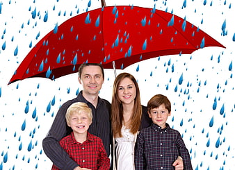 Family Under Red Umbrella With Rain Drops