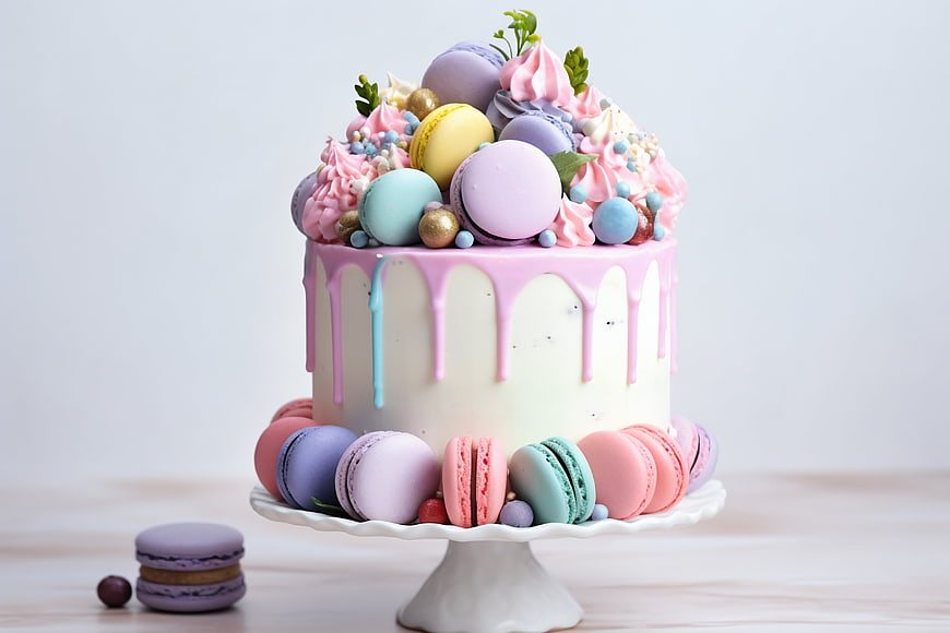 Pastel drip cake with colorful macarons on white stand