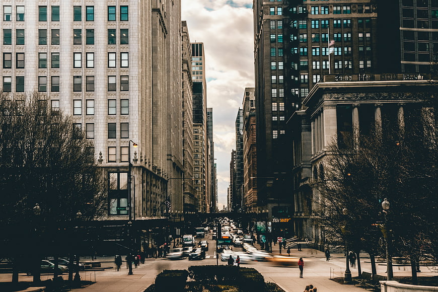 Urban City Street with Skyscrapers and Traffic