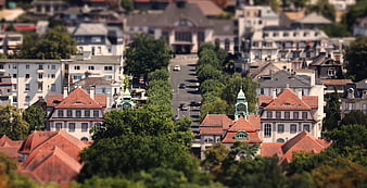 Tilt-Shift Aerial View of Bad Nauheim City Center and Historic Buildings