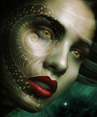 Surreal digital art portrait of woman with swirling patterns and red lips