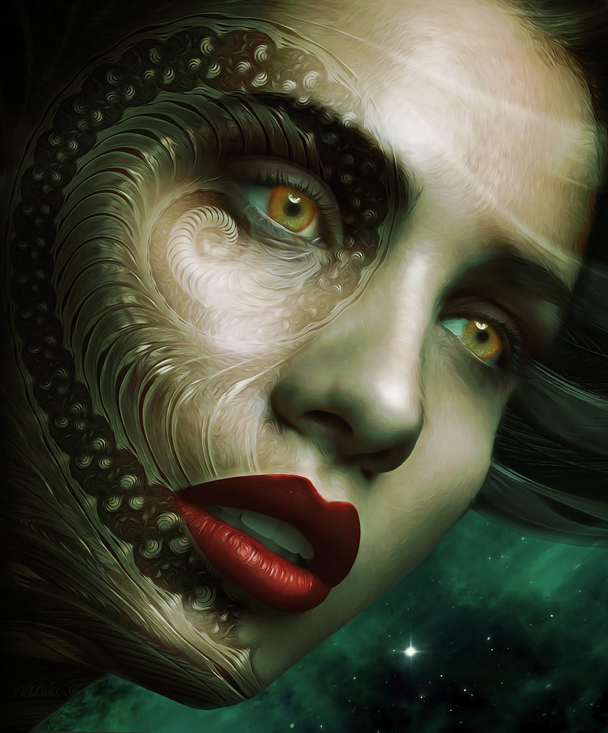 Surreal digital art portrait of woman with swirling patterns and red lips