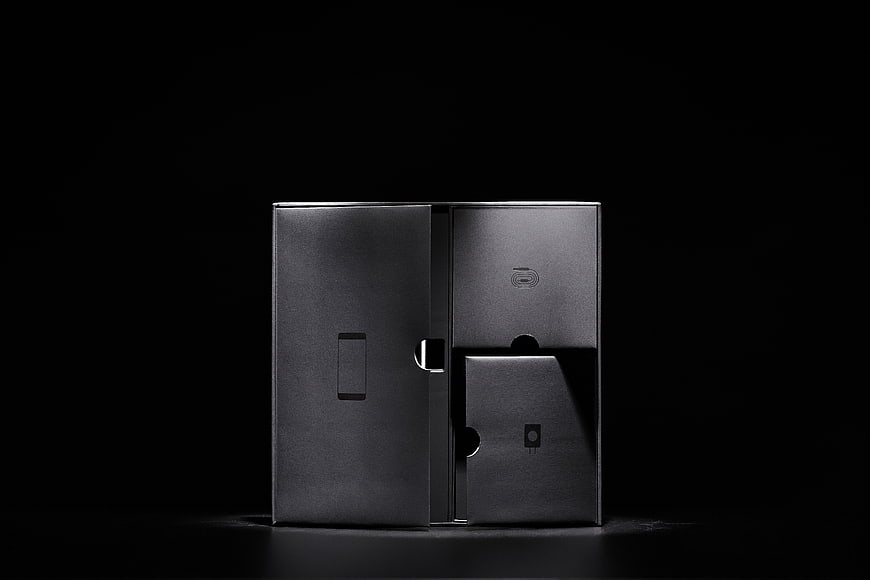 Minimalist Black Product Packaging Box on Dark Background