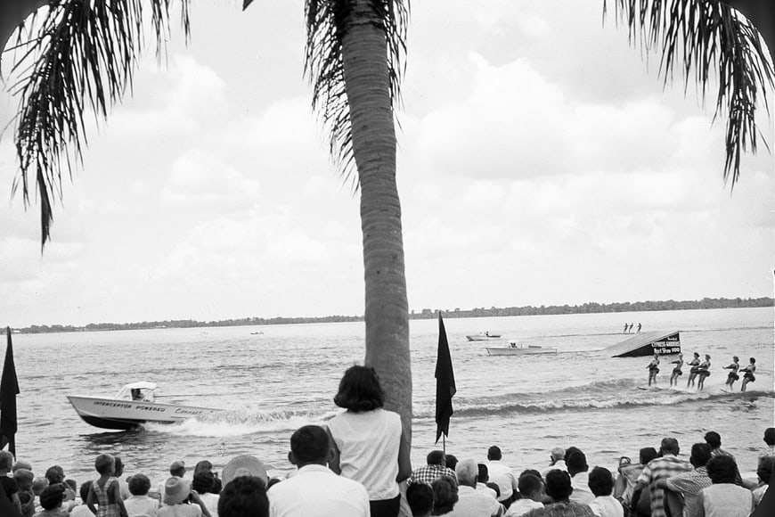 Vintage Black and White Photo of Water Skiing Show