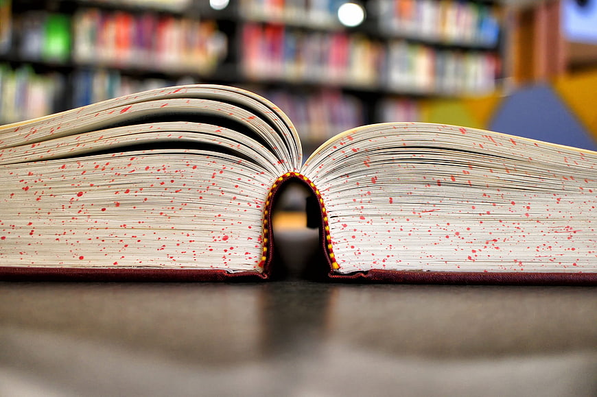 Close-up of Open Book with Red Speckled Pages in Library