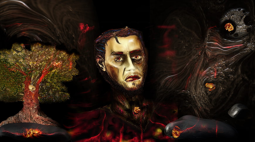 Dark Surreal Portrait of Man with Burning Tree and Cosmic Elements