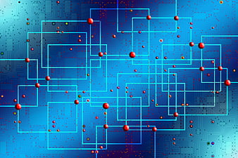 Abstract Blue Circuit Board Network With Red Nodes And Cyan Traces