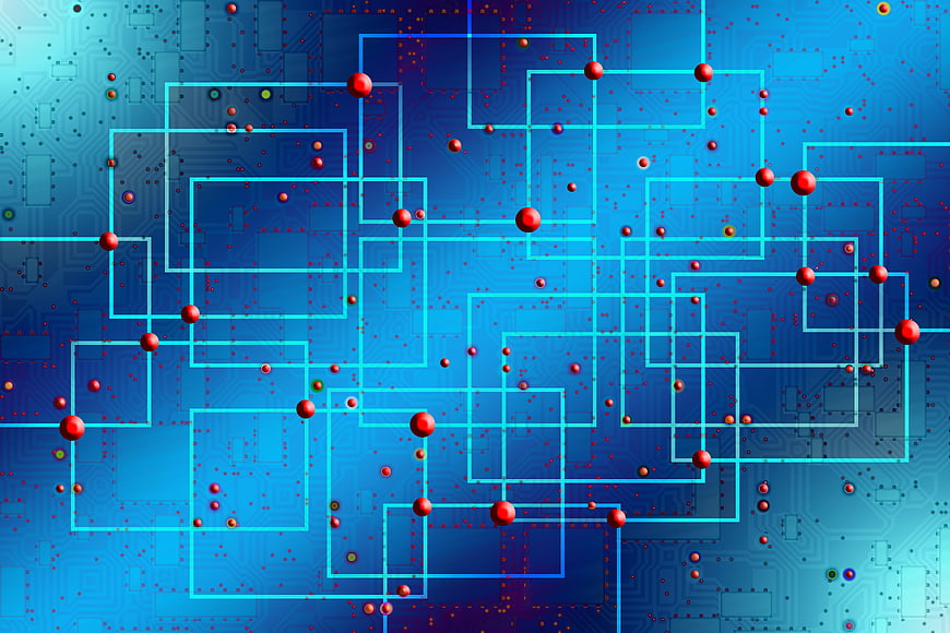 Abstract Blue Circuit Board Network With Red Nodes And Cyan Traces