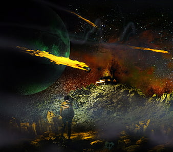 Surreal Apocalyptic Landscape With Meteor Shower And Distant Watchtower
