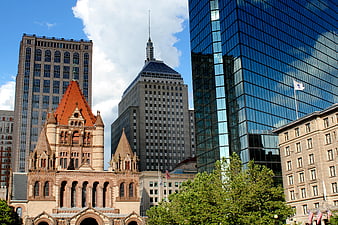 Boston skyline with Trinity Church and modern skyscrapers