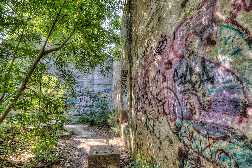 Abandoned concrete structure with graffiti and overgrown trees