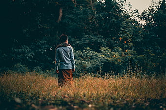 Man standing in grassy field facing dark forest