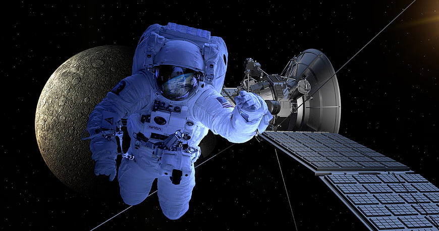 Astronaut Spacewalk Near Satellite And Planet