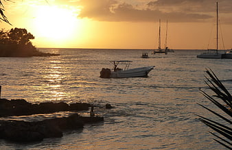 Boats anchored in ocean during golden sunset