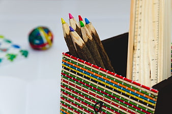 Colorful Pencils and Ruler in Woven Holder