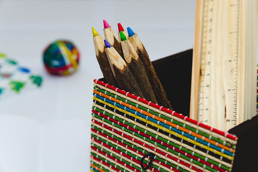 Colorful Pencils and Ruler in Woven Holder