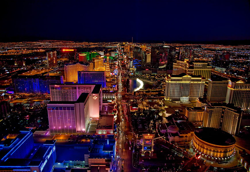 Aerial Night View of Las Vegas Strip with Neon Lights