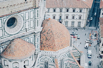 High angle view of Florence Cathedral dome and square