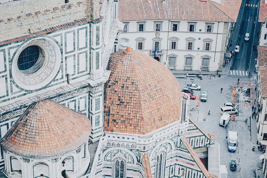 High angle view of Florence Cathedral dome and square