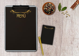 Restaurant Menu Clipboard Mockup with Spices on Wood