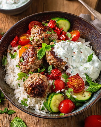 Mediterranean Meatballs with Rice, Yogurt Sauce, and Fresh Vegetables