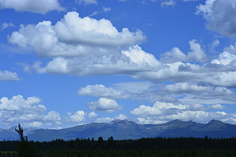 Blue sky with white clouds over mountain range and forest
