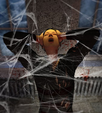 3D Render of Woman Screaming Behind Cobwebs