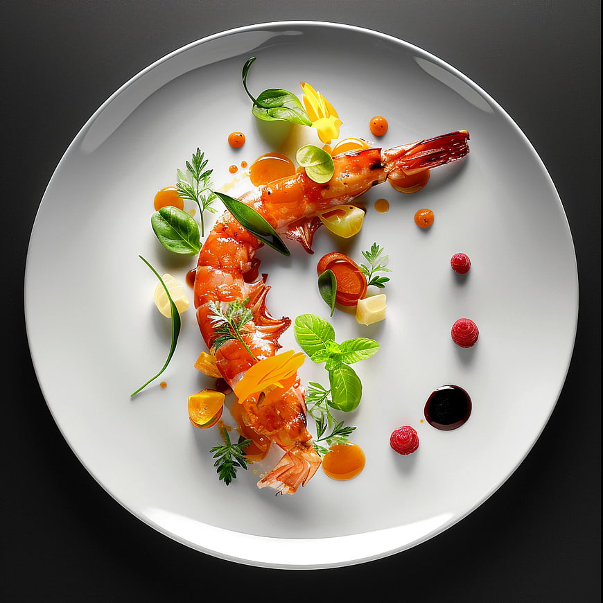 Gourmet Grilled Shrimp Plating with Edible Flowers and Herbs