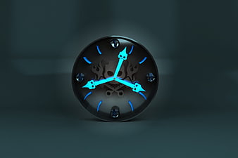 Gothic Skull Wall Clock With Neon Cyan Hands And Dark Background