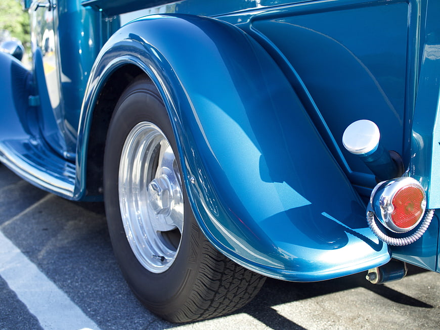 Close-up of Classic Blue Hot Rod Rear Fender and Wheel