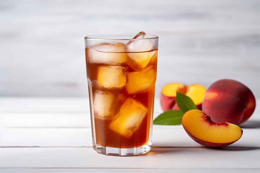 Refreshing Iced Tea with Peaches on White Wood