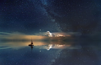 Sailboat Silhouette Under Milky Way Night Sky Reflection