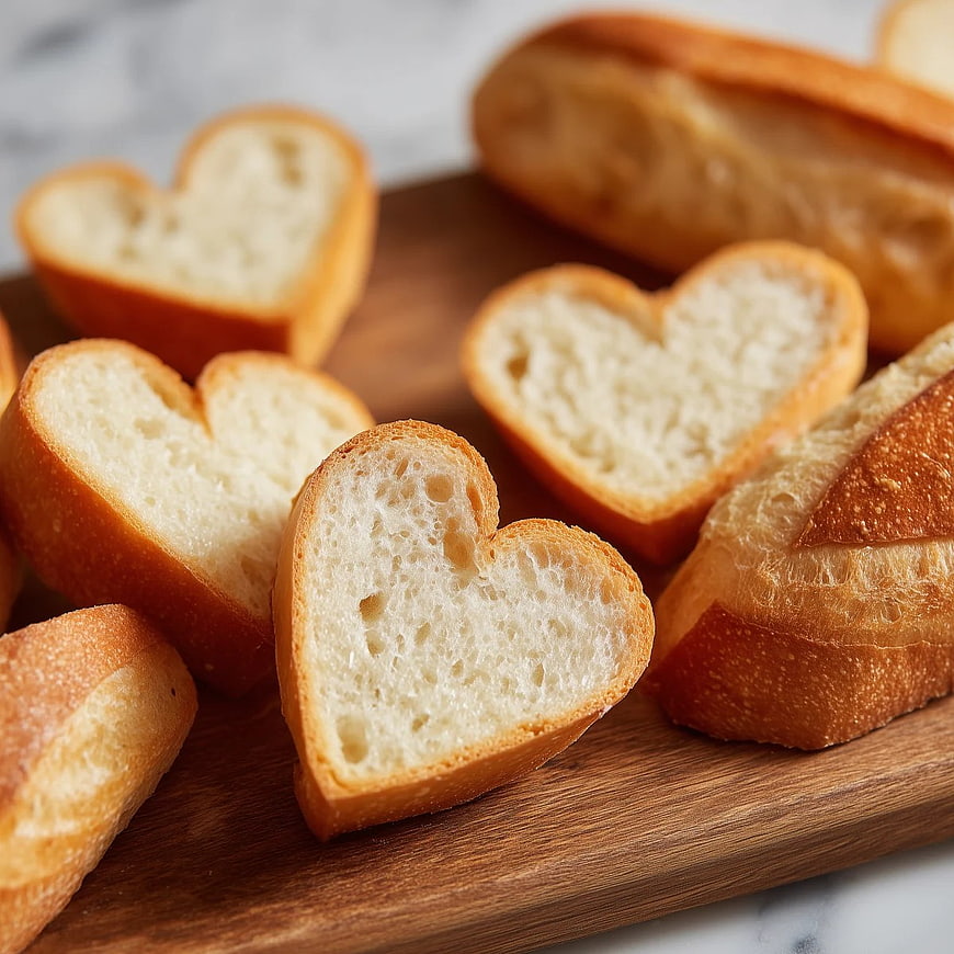 Heart-Shaped Bread Slices on Wooden Board
