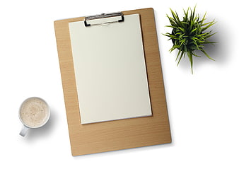 Top view of clipboard with blank paper, coffee, and plant on white background