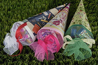 Back to School Gift Cones with Candy on Green Grass