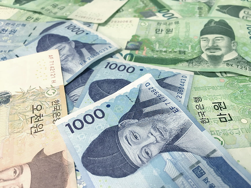 Close-up of scattered South Korean Won banknotes