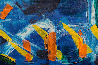 Abstract Acrylic Painting with Blue, Orange, and Yellow Brushstrokes