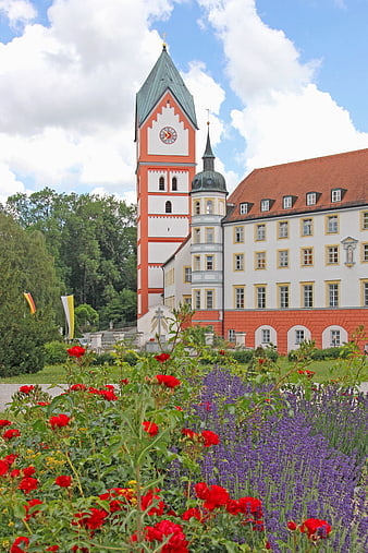 Scheyern Basilica with Red Roses and Lavender Garden