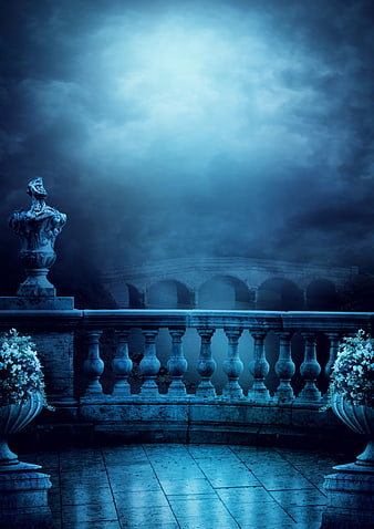 Mystical Gothic Balcony With Stone Bridge And Foggy Night Sky