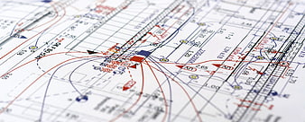 Close-up of technical electrical wiring diagram and schematic plan